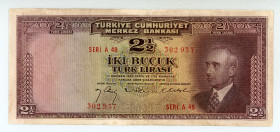 Turkey
Central Bank
2 ½ Lirasi, 1930 ND (1947)
S/N A48 302937
Printer: BWC
Watermark: I. Inonu
Pick 140

Very fine.

From the “Yankee” Collection of b...