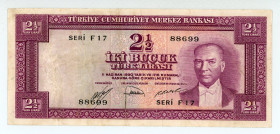 Turkey
Central Bank
2 ½ Lirasi, 1930 ND
S/N F17 88699
Printer: TDLR
Watermark: K. Ataturk
Pick 150

Good very fine.

From the “Yankee” Collection of b...