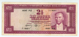 Turkey
Central Bank
2 ½ Lirasi, 1930 ND (1955)
S/N P2 11801
Printer: TDLR
Watermark: K. Ataturk
Pick 151

Very fine.

From the “Yankee” Collection of ...