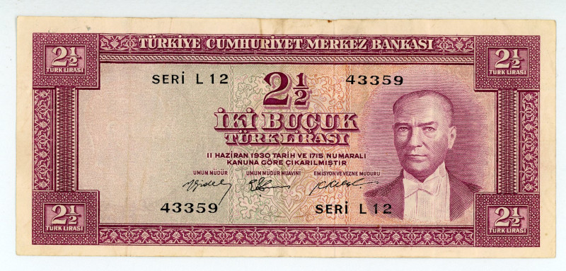 Turkey
Central Bank
2 ½ Lirasi, 1930 ND (1955)
S/N L12 43359
Printer: TDLR
Water...