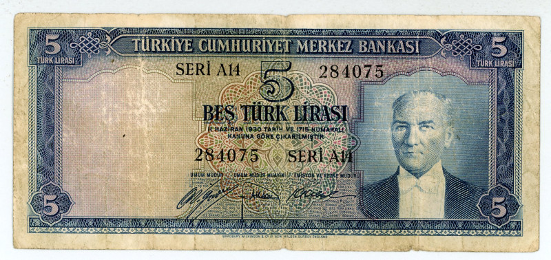 Turkey
Central Bank
5 Lirasi, 1930 ND (1952)
S/N A14 284075
Printer: BWC
Waterma...