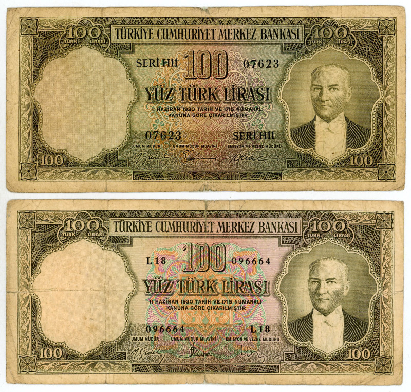 Turkey
Lot of 2 banknotes comprising 100 Lirasi (2), 1930 ND (1958)
S/N H11 0762...