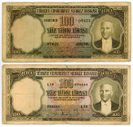 Turkey
Lot of 2 banknotes comprising 100 Lirasi (2), 1930 ND (1958)
S/N H11 07623 and L18 096664 (with SERi and without)
Watermark: K. Ataturk
Pick 16...