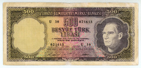 Turkey
Central Bank
500 Lirasi, 1930 ND (1968)
S/N U30 021613
Watermark: K. Ataturk
Pick 183

Fine.

From the “Yankee” Collection of banknotes.