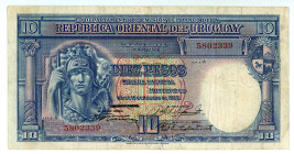 Uruguay
Banco de la República Oriental del Uruguay
10 Pesos, 14th August 1935 ND (1940)
S/N 5802339
Signatures of Raul Daneri, Alfredo Baldomir and Ra...