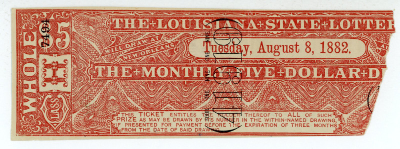 USA
Louisiana State Lottery 
5$ (Dollars) Tuesday, August 8th, 1882
S/N 41919 H ...