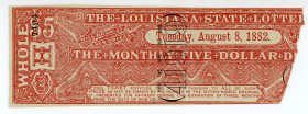 USA
Louisiana State Lottery 
5$ (Dollars) Tuesday, August 8th, 1882
S/N 41919 H 7494

Torn right part (signatures), otherwise very fine.

From the “Ya...