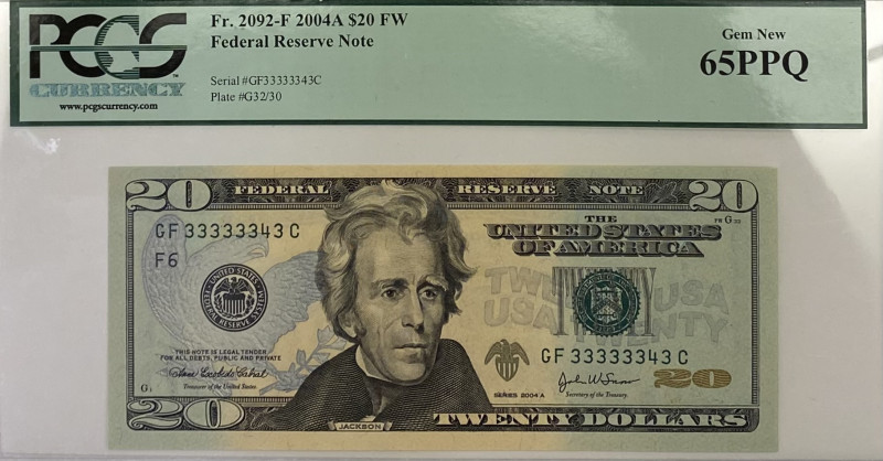 USA
Federal Reserve Note
20$ (Dollars), 2004 A FW
S/N GF 33333343 C, Plate #G32/...