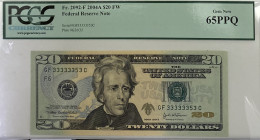 USA
Federal Reserve Note
20$ (Dollars), 2004 A FW
S/N GF 33333353 C, Plate #G26/32
Fr. 2092-F

Graded Gem New 65 PPQ PCGS Currency.

From the “Yankee”...