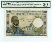 West African States / Ivory Coast
5.000 Francs, ND (1961-1965)
S/N M.1872 673
Signature #9
Code Letter “A”
Watermark: Woman’s Head
Pick 104Ah

Graded ...