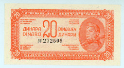 Yogoslavia
Democratic Federal Yugoslavia
20 Dinars, 1944
S/N JJ272509
Pick 51

Crisp Gem Uncirculated.

From the “Yankee” Collection of banknotes.