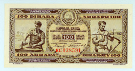 Yugoslavia
National Bank
100 Dinars, 1946
S/N KC038591
Pick 65

Uncirculated.

From the “Yankee” Collection of banknotes.