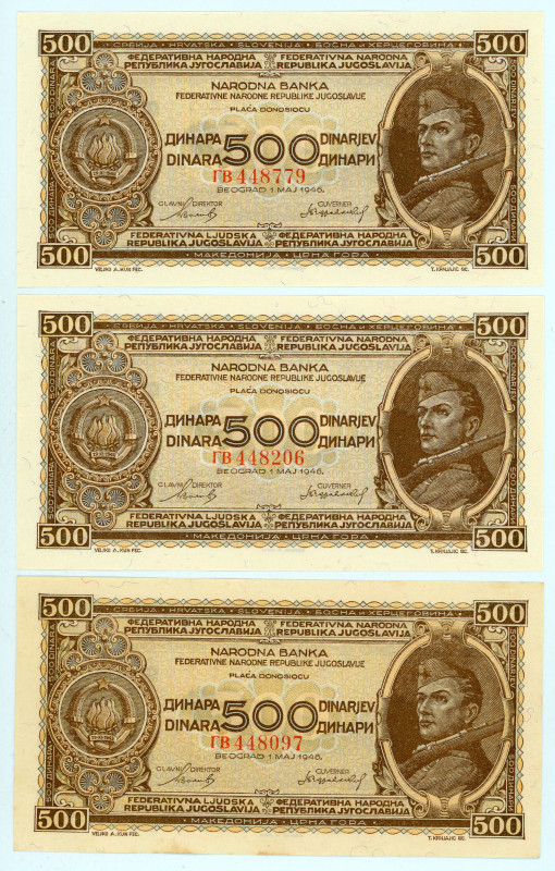 Yogoslavia
Lot of 3 banknotes comprising 500 Dinars (3), 1946
S/N ΓΒ448097, ΓΒ 4...