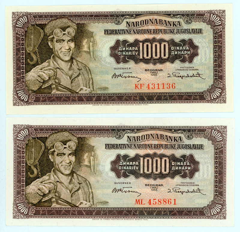 Yugoslavia
Lot of 2 banknotes comprising 1.000 Dinars (2), 1955
100 Dinars, 1953...