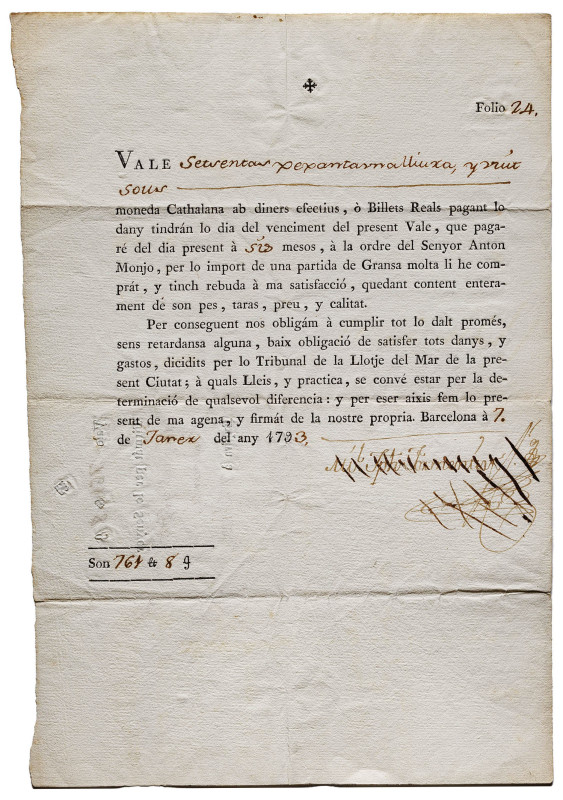 1793. "Vale" o pagaré por 761 lliures y 8 sous en "moneda Cathalana", a seis mes...