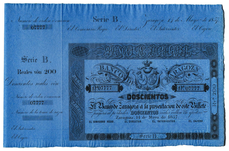 1857. Banco de Zaragoza. 200 reales de vellón. (Ed. 127B) (Pick S452r). 14 de ma...