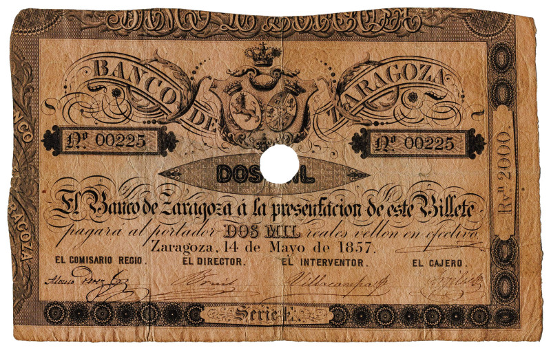 1857. Banco de Zaragoza. 2000 reales de vellón. (Ed. 130A) (Pick S455). 14 de ma...