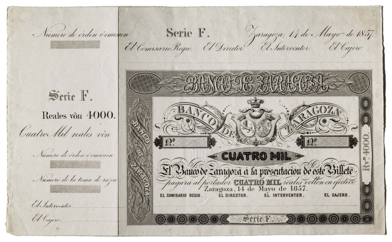 1857. Banco de Zaragoza. 4000 reales de vellón. (Ed. 130P) (Pick S456). 14 de ma...