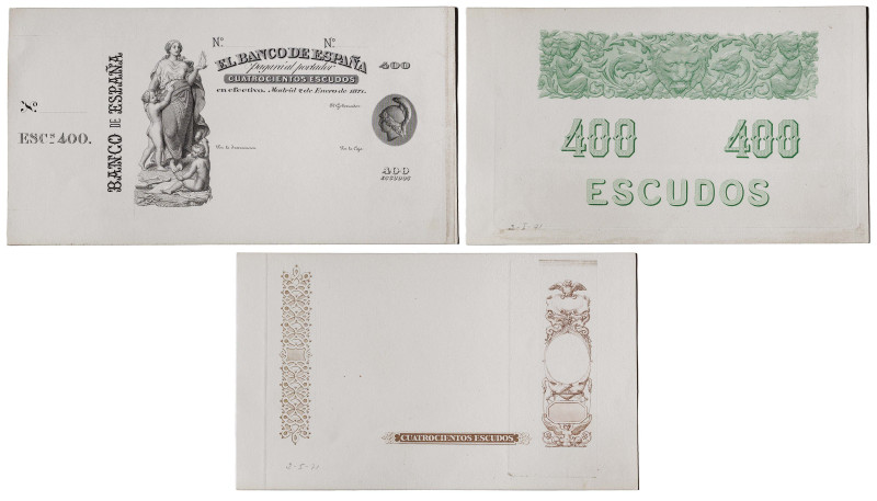 1871. 400 escudos. (Ed. 245P). 2 de enero. Juego de 3 pruebas de grabado sobre c...