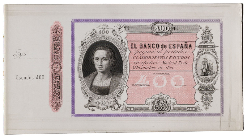 1871. 400 escudos. (Ed. 251P). 31 de diciembre, Colón. Prueba de grabado del anv...