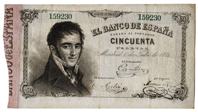 1874. 50 pesetas. (Ed. 260, mismo ejemplar) (Pick 2). Tal y como documenta el Ba...