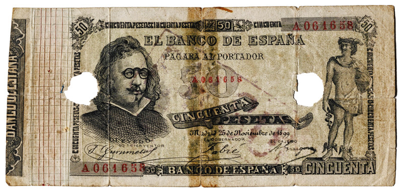 1899. 50 pesetas. (Ed. 307F). 25 de noviembre, Quevedo. Serie A. Falso de época....