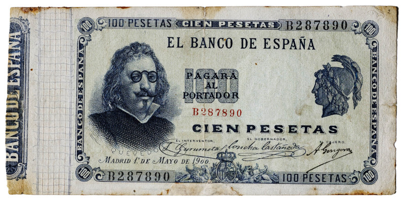 1900. 100 pesetas. (Ed. 308a) (Pick 51). 1 de mayo, Quevedo. Serie B. Reparacion...