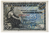 1906. 25 pesetas. (Ed. 314a) (Pick 57a). 24 de septiembre. Serie C, última emitida. Leve doblez central. Ínfima manchita en anverso. Escaso. EBC+.