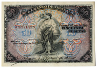 1906. 50 pesetas. (Ed. 315a) (Pick 58a). 24 de septiembre. Serie A. Doblez central y estría propia del papel en ángulo superior izquierdo del reverso....