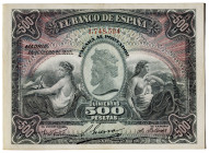 1907. 500 pesetas. (Ed. 316) (Pick 60a). 28 de enero. Doblez central y puntitos de aguja. El papel conserva buena rigidez de fibras. Ejemplar sin repa...