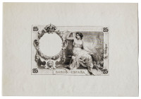 1908. 25 pesetas. (Ed. NE 14Pf) (Pick 67). Prueba de estado de la plancha de reverso de un billete no emitido. Diseño y grabado de Enrique Vaquer. Se ...