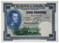 1925. 100 pesetas. (Ed. 323M) (Pick 69S). 1 de julio, Felipe II. Billete de muestra. Serie A. Numeración 0000000. Identificado mediante taladro de pun...