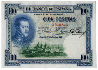 1925. 100 pesetas. (Ed. 323) (Pick 69a). 1 de julio, Felipe II. Sin serie. Doblez central. Lavado y planchado. EBC-.