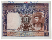 1925. 1000 pesetas. (Ed. 324P) (Pick 70s). 1 de julio, Carlos I. Billete de registro y archivo de la Bradbury, Wilkinson & Company. Pedido de 3.000.00...