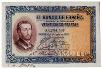 1926. 25 pesetas. (Ed. 325Pa var). 12 de octubre, San Francisco Javier. Nº A1.234.567. Billete de aprobación de anverso completo. Desmonetizado median...