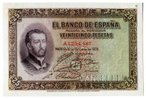 1926. 25 pesetas. (Ed. 325Pc). 12 de octubre, San Francisco Javier. Nº A1.234.567 en rojo. Billete de aprobación y muestra de color completo desmoneti...