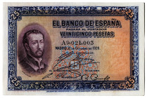 1926. 25 pesetas. (Ed. 325a) (Pick 71a). 12 de octubre, San Francisco Javier. Serie A. Doblez central. Esquinas rozadas. Lavado y planchado. EBC.