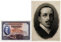 1927. 50 pesetas. (Ed. 326M) (Pick 72s). 17 de mayo, Alfonso XIII. Billete de muestra con numeración 0.000.000. Identificado mediante taladro de punto...