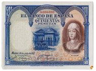 1927. 500 pesetas. (Ed. 327M) (Pick 73s). 24 de julio, Isabel la Católica. Billete de muestra con numeración 0.000.000. Identificado mediante taladro ...