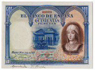 1927. 500 pesetas. (Ed. 327Ma) (Pick 73cts). 24 de julio, Isabel la Católica. Billete de aprobación del anverso y reverso. Nº 0.000.000. Desmonetizado...