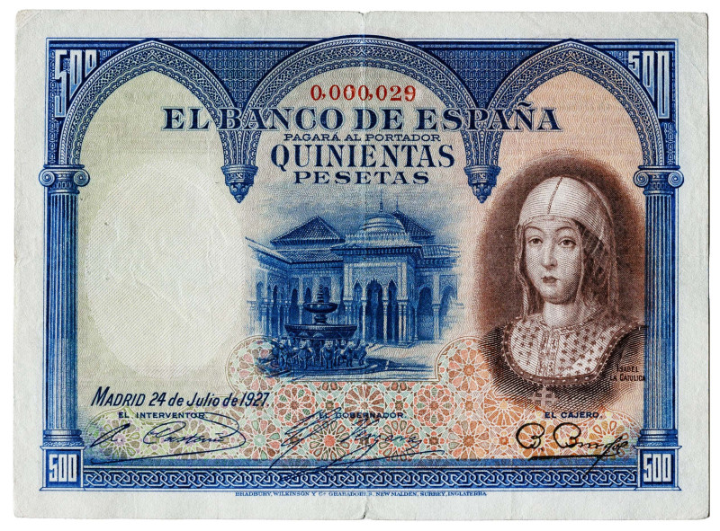 1927. 500 pesetas. (Ed. 327) (Pick 73a). 24 de julio, Isabel la Católica. Numera...