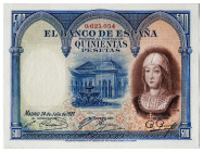 1927. 500 pesetas. (Ed. 327) (Pick 73a). 24 de julio, Isabel la Católica. Numeración inferior a 1.602.000. Doblez central. Punto claro sobre dicho dob...