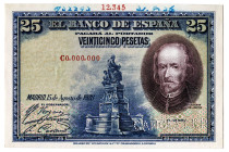 1928. 25 pesetas. (Ed. 328Ma) (Pick 74s). 15 de agosto, Calderón de la Barca. Serie C. Billete de registro y archivo de la Bradbury, Wilkinson & Compa...