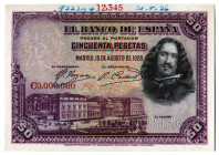 1928. 50 pesetas. (Ed. falta) (Pick 75s). 15 de agosto, Velázquez. Serie C. Billete de registro y archivo de la Bradbury, Wilkinson & Company. Pedido ...
