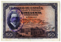 1927. 50 pesetas. (Ed. 332) (Pick 80b). 17 de mayo, Alfonso XIII. Tampón "REPUBLICA ESPAÑOLA" en tinta violeta en vertical y a derecha. Dos pequeñas p...