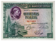 1928. 500 pesetas. (Ed. 356) (Pick 77a). 15 de agosto, Cardenal Cisneros. Numeración manipulada. 0.000.000 sobre 0.600.060. Esquinas rozadas. Lavado y...