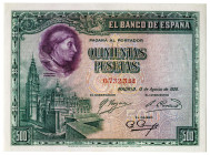 1928. 500 pesetas. (Ed. 356) (Pick 77a). 15 de agosto, Cardenal Cisneros. Numeración inferior al millar. Apresto original. Buen ejemplar. S/C-.