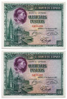1928. 500 pesetas. (Ed. 356) (Pick 77a). 15 de agosto, Cardenal Cisneros. Pareja correlativa. Pese a no presentar doblez alguno, examinados con luz ul...