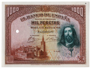 1928. 1000 pesetas. (Ed. 357Pc). 15 de agosto, San Fernando. Serie A. Billete de muestra para la aprobación de color. Esta combinación de colores, ide...