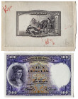 1931. 100 pesetas. (Ed. tipo 360) (Pick tipo 83). 25 de abril, Fernández de Córdoba. Prueba de impresión de reverso en color negro, con anotaciones ma...